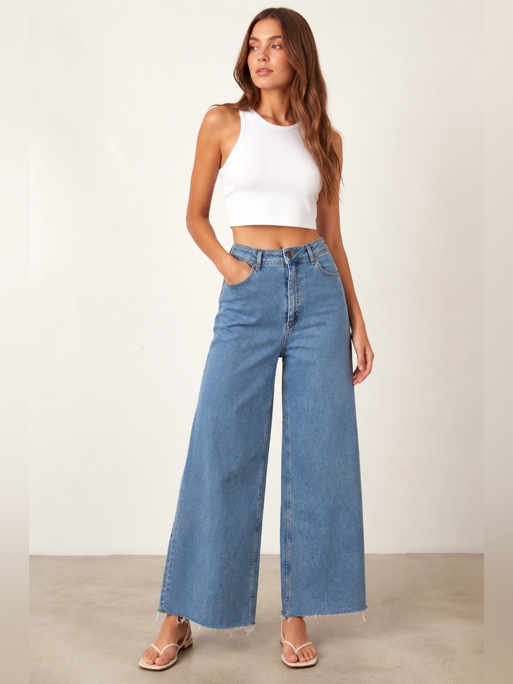 Zara High Rise Wide Leg Cropped Jeans Raw Hem Light Wash Size 6 - Picture 1 of 4